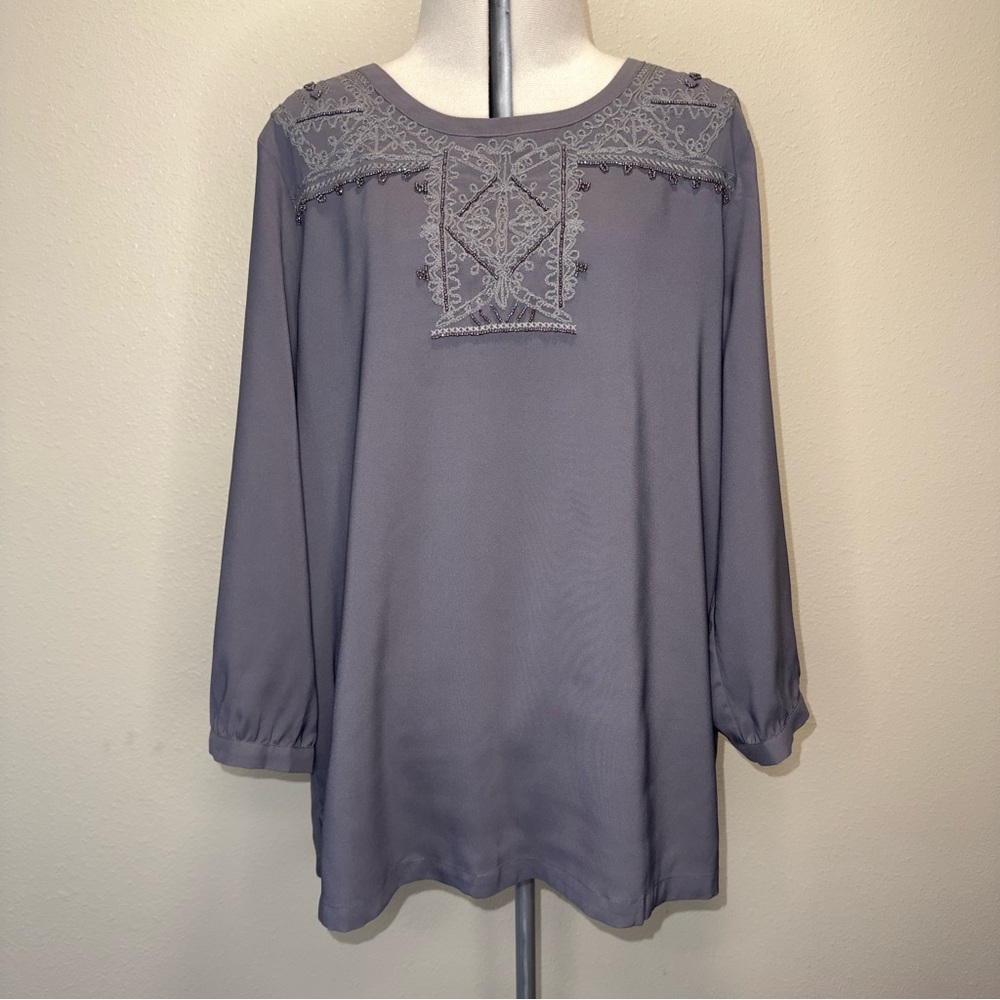 COLDWATER CREEK gray long sleeved embroidered and beaded Blouse